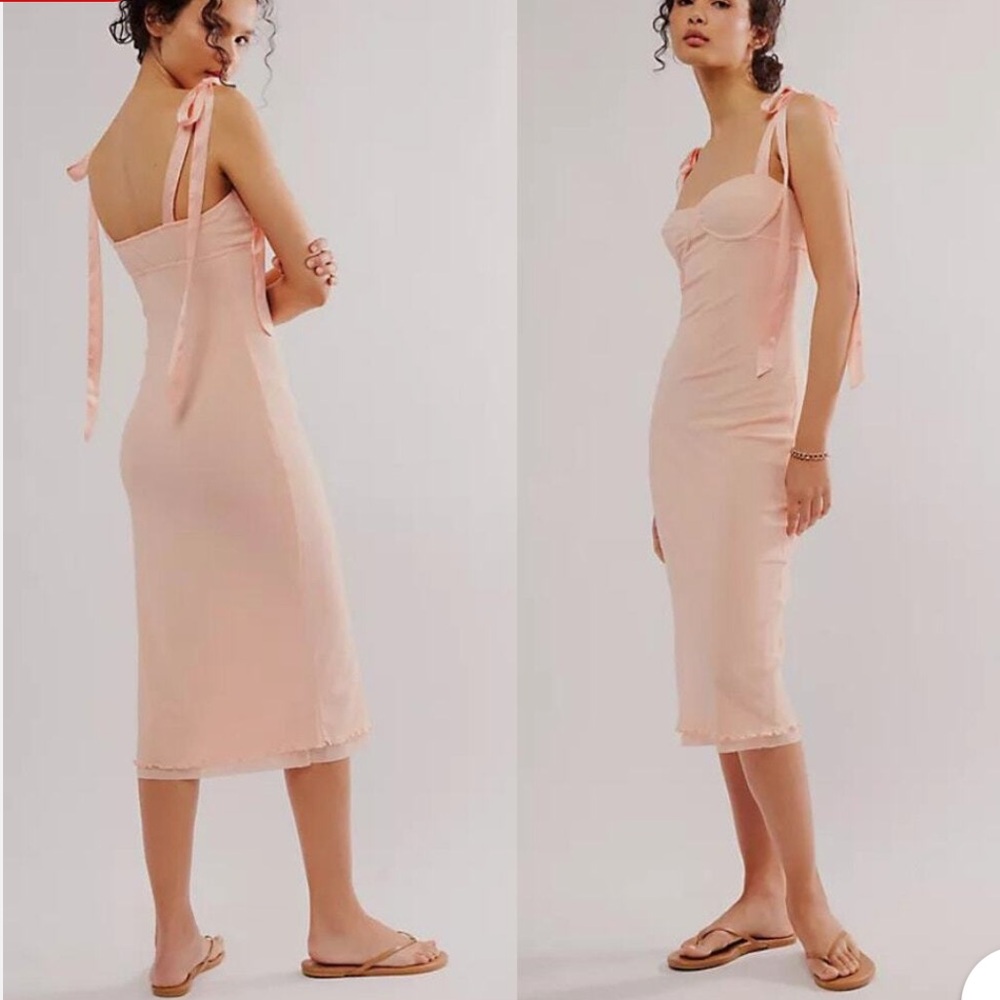 NEW Free People Got Glam Mesh Slip Dress Pink Adjustable Satin Straps Si…